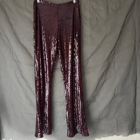 Pretty Little Thing Oxblood Red Sequin Flared Leg Pants US Size 4 - Picture 2 of 8